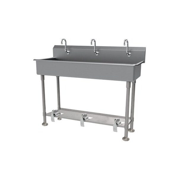3 Station NSF 14 Ga. 304 SS Floor Mounted Sink - Toe-push Operated